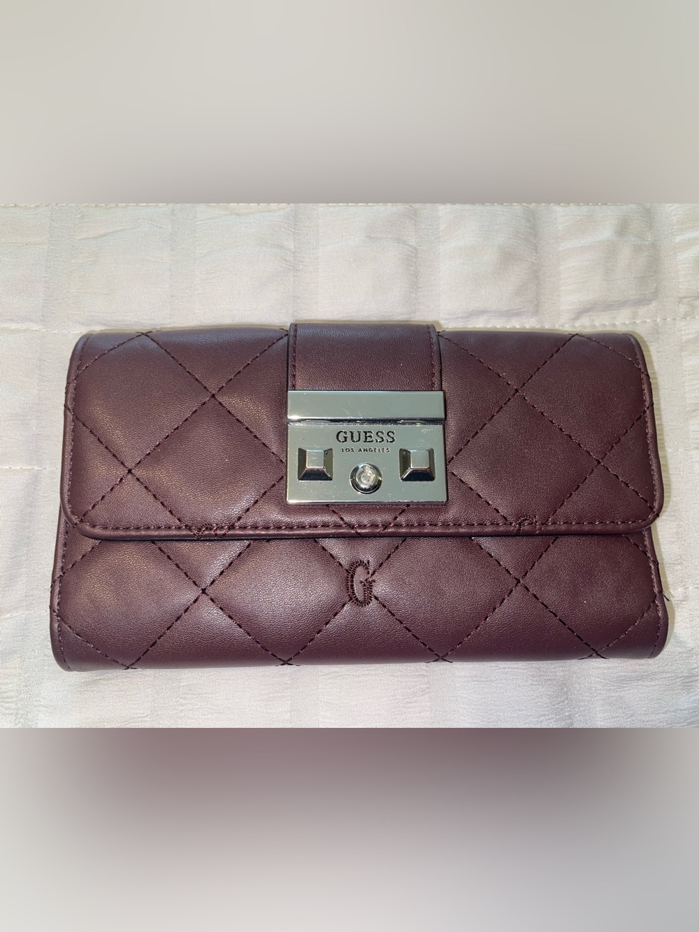 GUESS Quilted Wine Leather Wallet with Silver Hardware